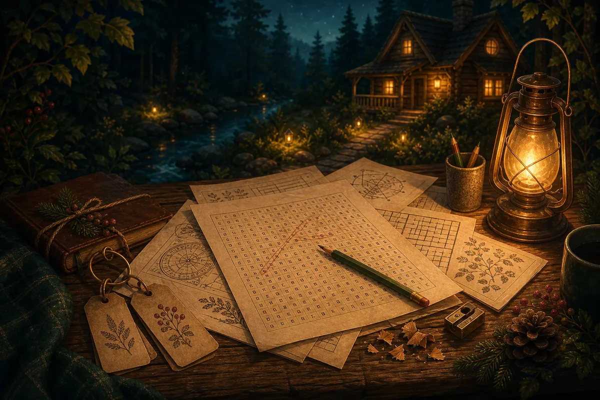 A cozy puzzle workshop with printable pages and warm lamplight