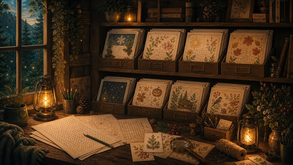 A magical cabin shelf filled with printable puzzle templates